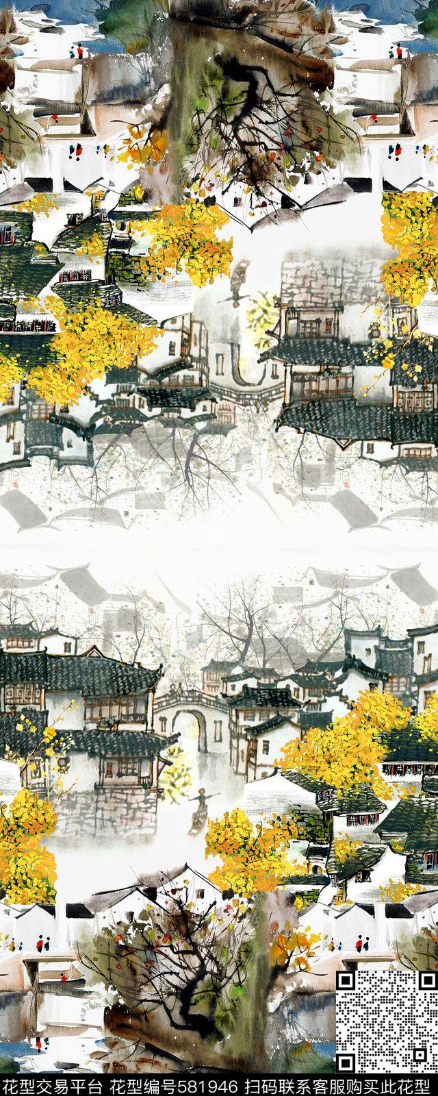 定位花风景水乡数码印花华亿平台下载（图片编号: 581946） - 瓦栏（Walan）