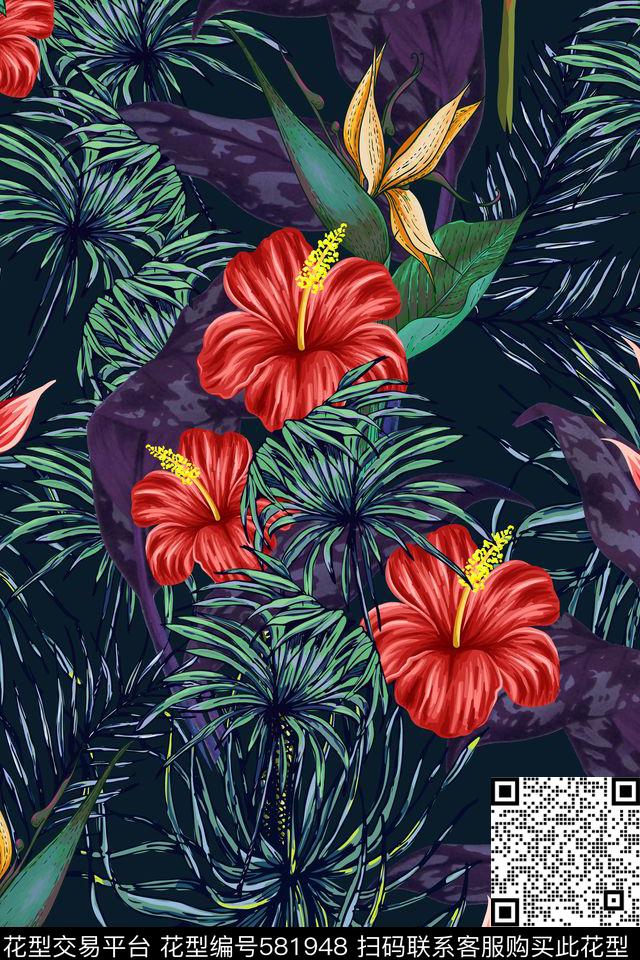 天堂鸟花棕榈叶热带数码印花华亿平台下载（图片编号: 581948） - 瓦栏（Walan）
