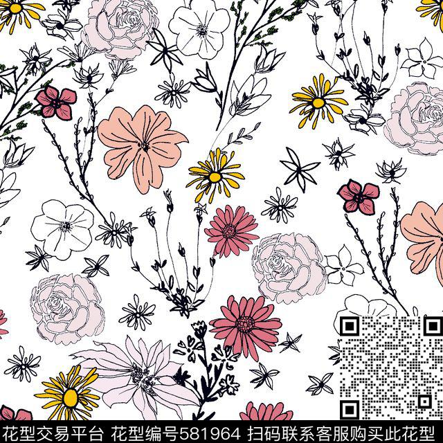 花朵流行手绘线条传统印花华亿平台下载（图片编号: 581964） - 瓦栏（Walan）
