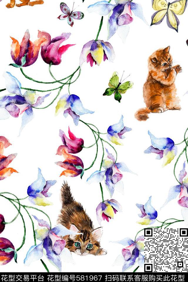 花卉小猫蝴蝶数码印花华亿平台下载（图片编号: 581967） - 瓦栏（Walan）