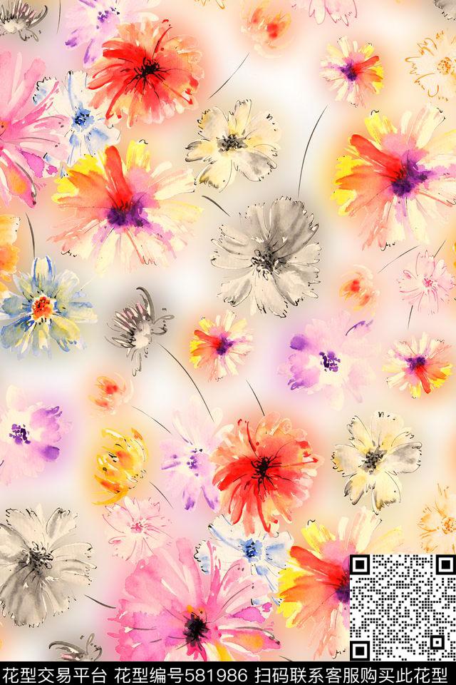 手绘浪漫花卉太阳花数码印花华亿平台下载（图片编号: 581986） - 瓦栏（Walan）