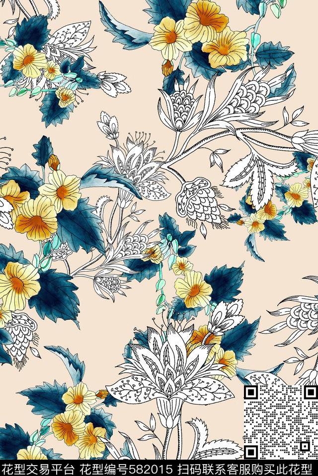 花朵花卉民族花纹数码印花华亿平台下载（图片编号: 582015） - 瓦栏（Walan）