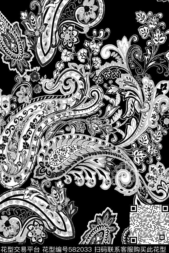 黑白花纹佩慈利腰果花纹传统印花华亿平台下载（图片编号: 582033） - 瓦栏（Walan）