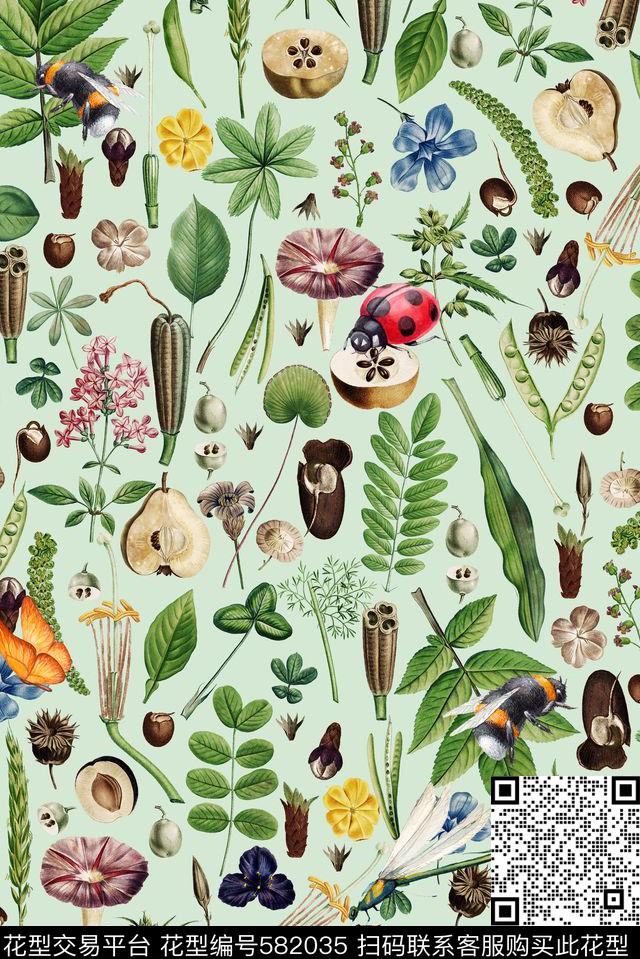 手绘花卉枝叶数码印花华亿平台下载（图片编号: 582035） - 瓦栏（Walan）