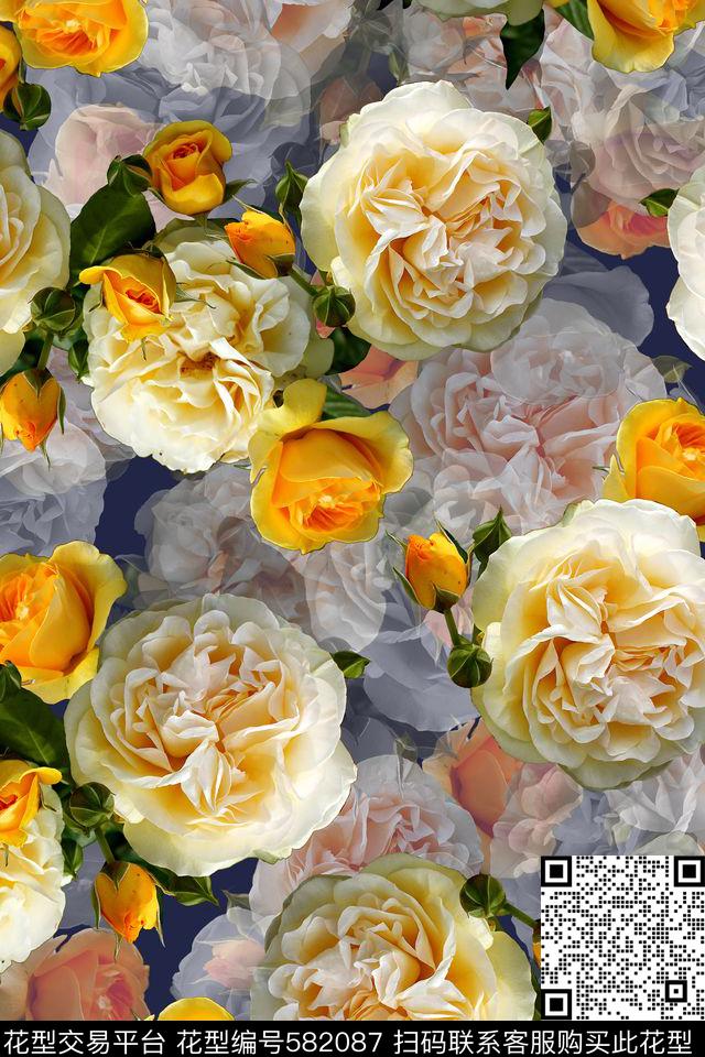 复古玫瑰花卉数码印花华亿平台下载（图片编号: 582087） - 瓦栏（Walan）