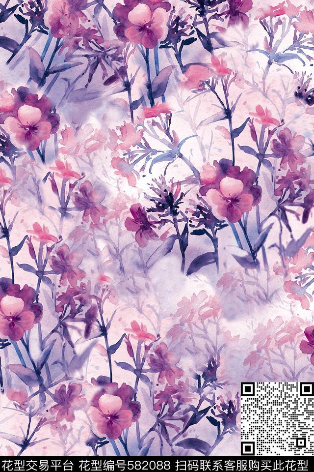 女装花卉水彩手绘数码印花华亿平台下载（图片编号: 582088） - 瓦栏（Walan）