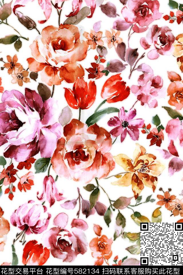 韩版花卉原创手绘花卉数码印花华亿平台下载（图片编号: 582134） - 瓦栏（Walan）
