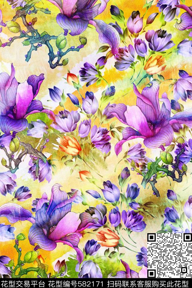 女装手绘花卉数码印花华亿平台下载（图片编号: 582171） - 瓦栏（Walan）