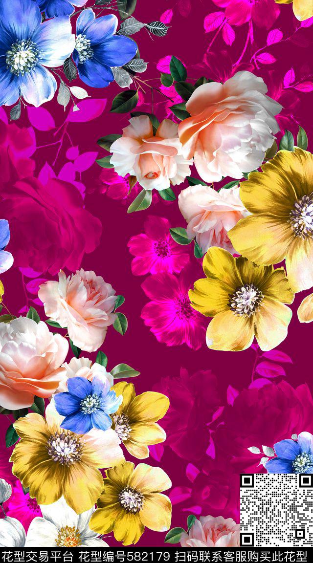 花卉水彩大牌配色服装数码印花华亿平台下载（图片编号: 582179） - 瓦栏（Walan）