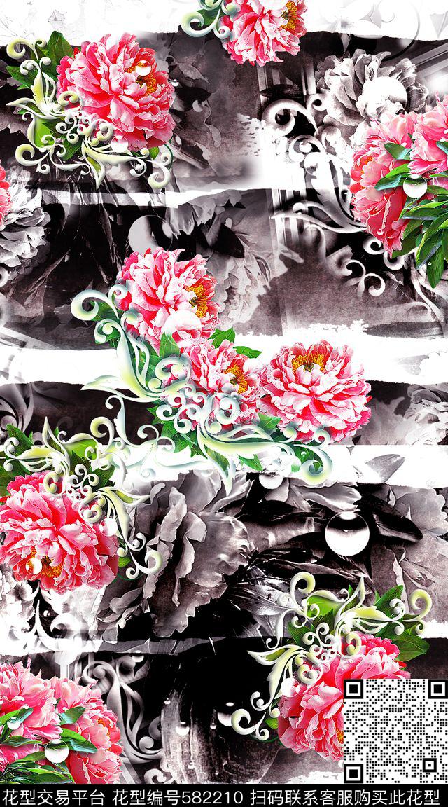 时尚水墨花卉数码印花华亿平台下载（图片编号: 582210） - 瓦栏（Walan）
