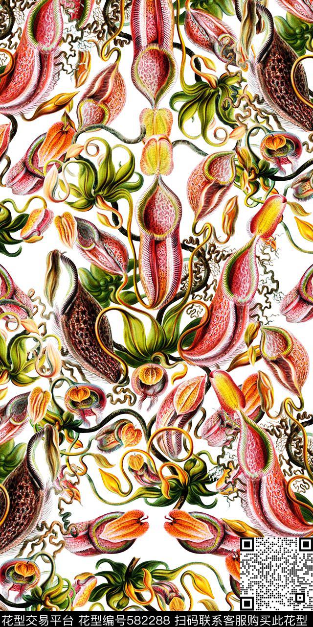 大气热带植物奇特花卉数码印花华亿平台下载（图片编号: 582288） - 瓦栏（Walan）