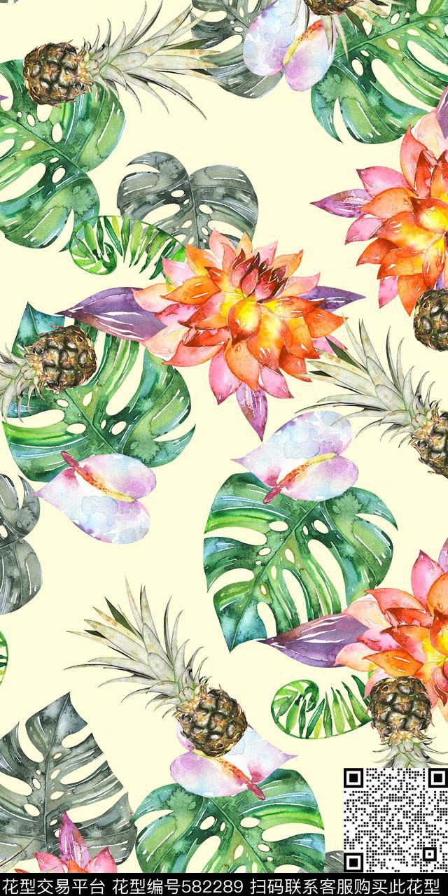 手绘水彩热带大气花卉数码印花华亿平台下载（图片编号: 582289） - 瓦栏（Walan）