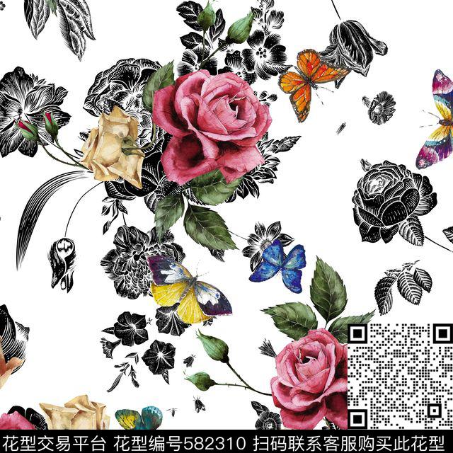 花卉蝴蝶数码印花华亿平台下载（图片编号: 582310） - 瓦栏（Walan）