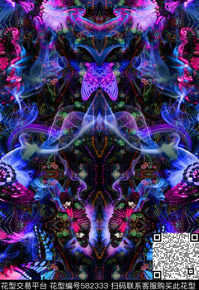 潮流时尚蝴蝶时尚蝴蝶珠宝抽象炫彩烟雾数码印花华亿平台下载（图片编号: 582333） - 瓦栏（Walan）