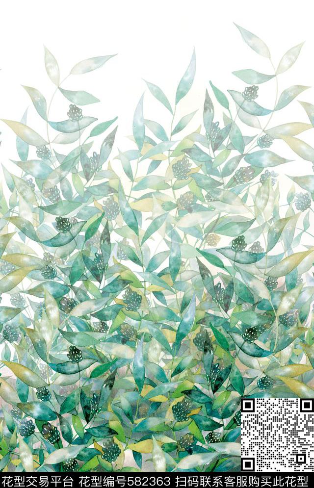 叶花卉手绘数码印花华亿平台下载（图片编号: 582363） - 瓦栏（Walan）
