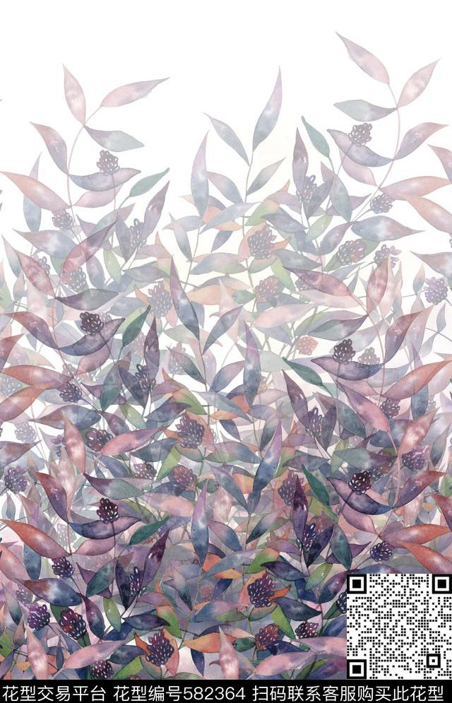 叶花卉手绘数码印花华亿平台下载（图片编号: 582364） - 瓦栏（Walan）