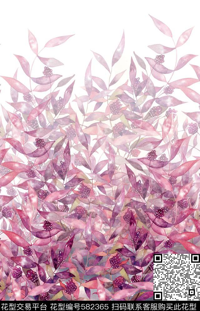 叶花卉手绘数码印花华亿平台下载（图片编号: 582365） - 瓦栏（Walan）