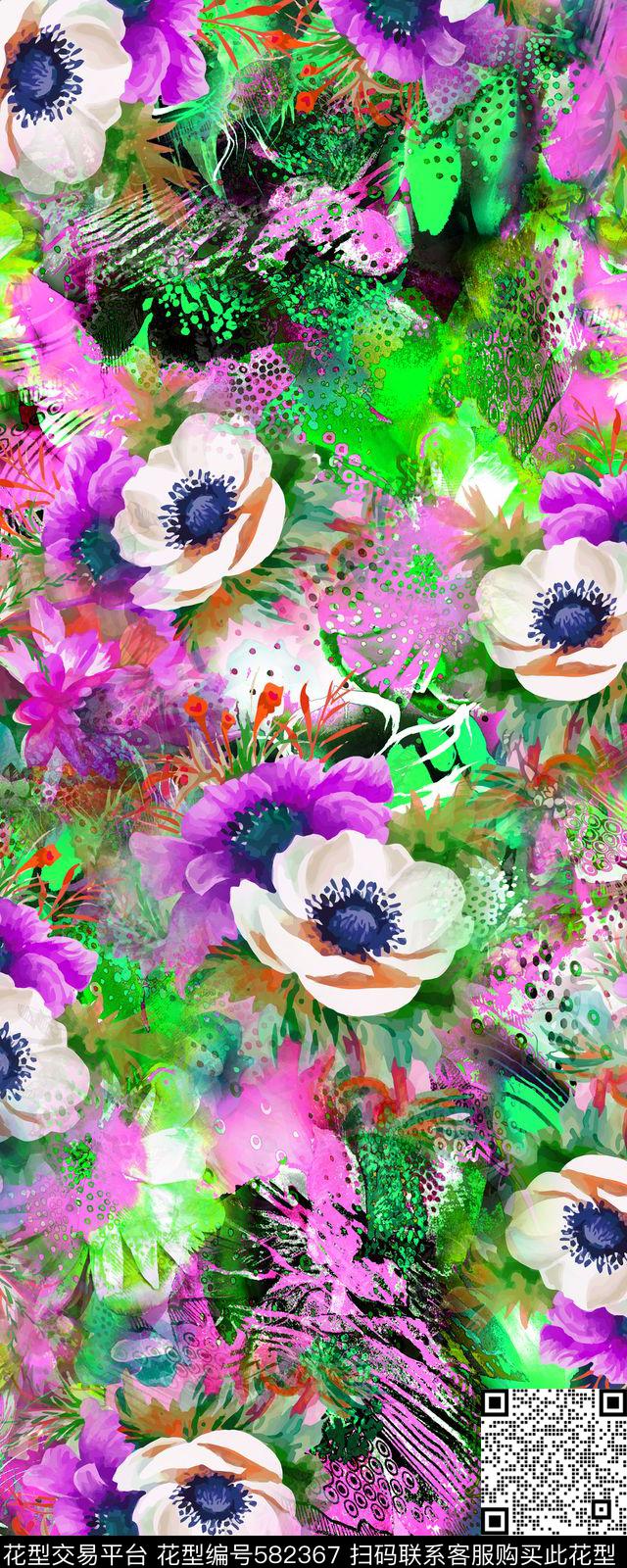 抽象炫彩花卉数码印花华亿平台下载（图片编号: 582367） - 瓦栏（Walan）