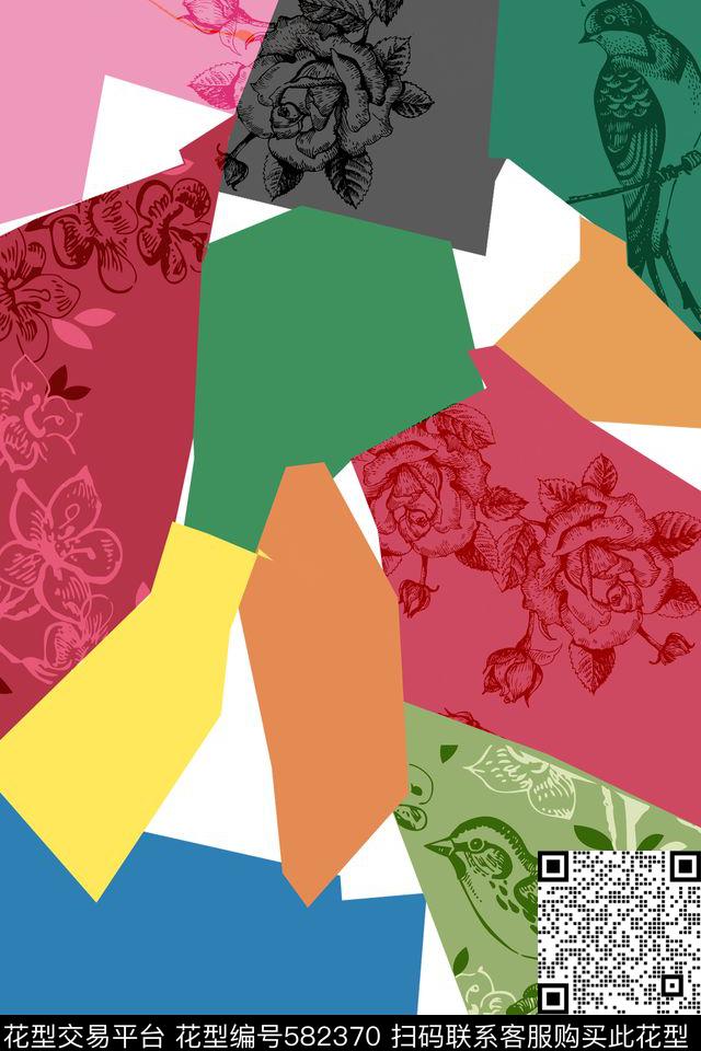 几何拼贴花卉色块复古传统印花华亿平台下载（图片编号: 582370） - 瓦栏（Walan）