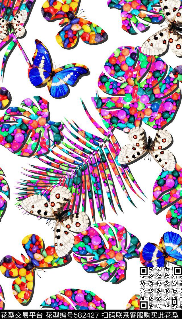 热带、椰子树叶、蝴蝶数码印花华亿平台下载（图片编号: 582427） - 瓦栏（Walan）