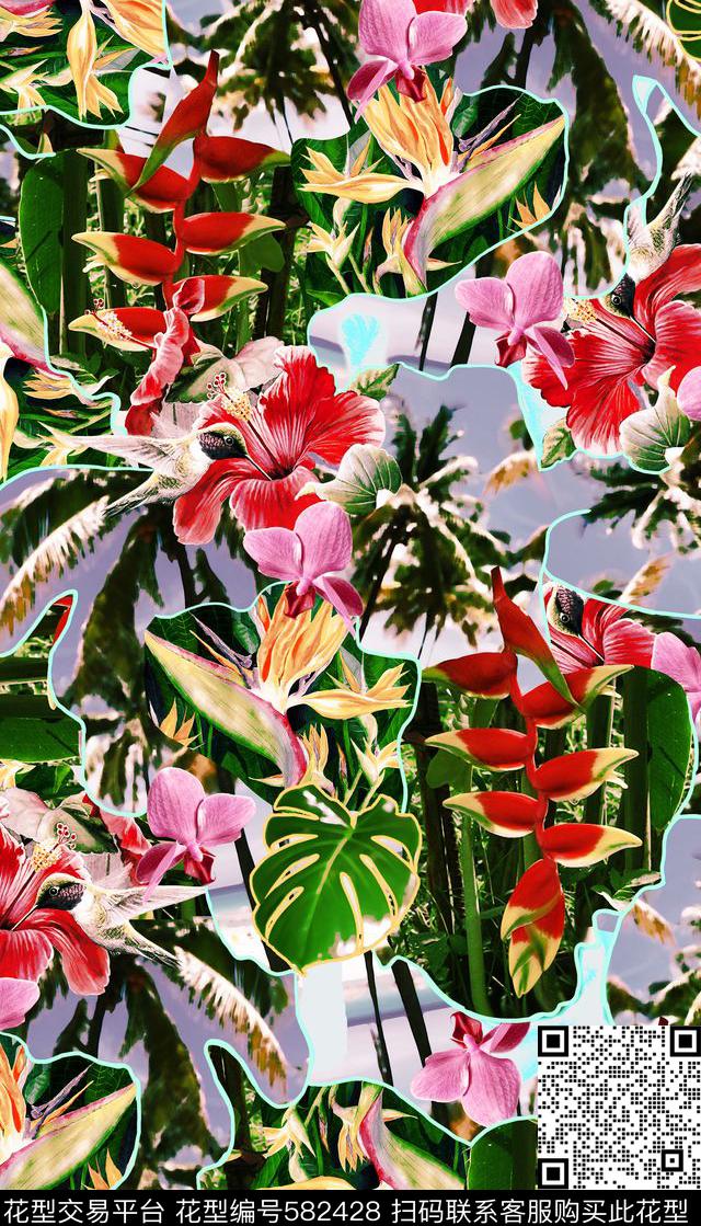 热带、花卉、鸟、线条数码印花华亿平台下载（图片编号: 582428） - 瓦栏（Walan）