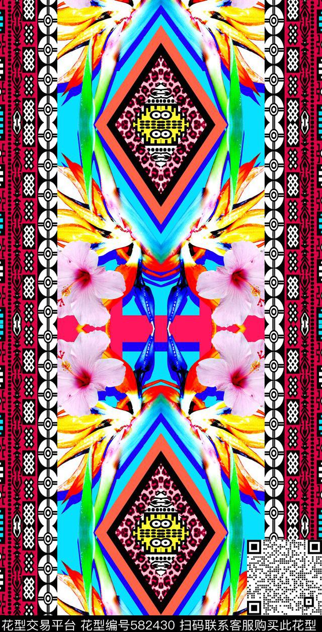 热带、天堂鸟、花卉、几何数码印花华亿平台下载（图片编号: 582430） - 瓦栏（Walan）