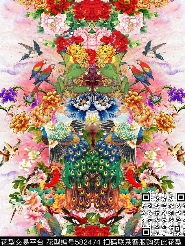 民族风鸟类花卉数码印花华亿平台下载（图片编号: 582474） - 瓦栏（Walan）