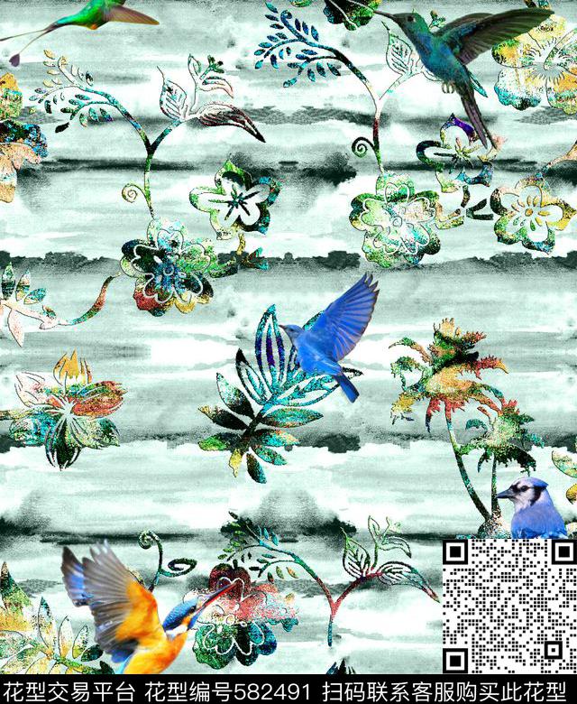 花卉花鸟墨笔触数码印花华亿平台下载（图片编号: 582491） - 瓦栏（Walan）