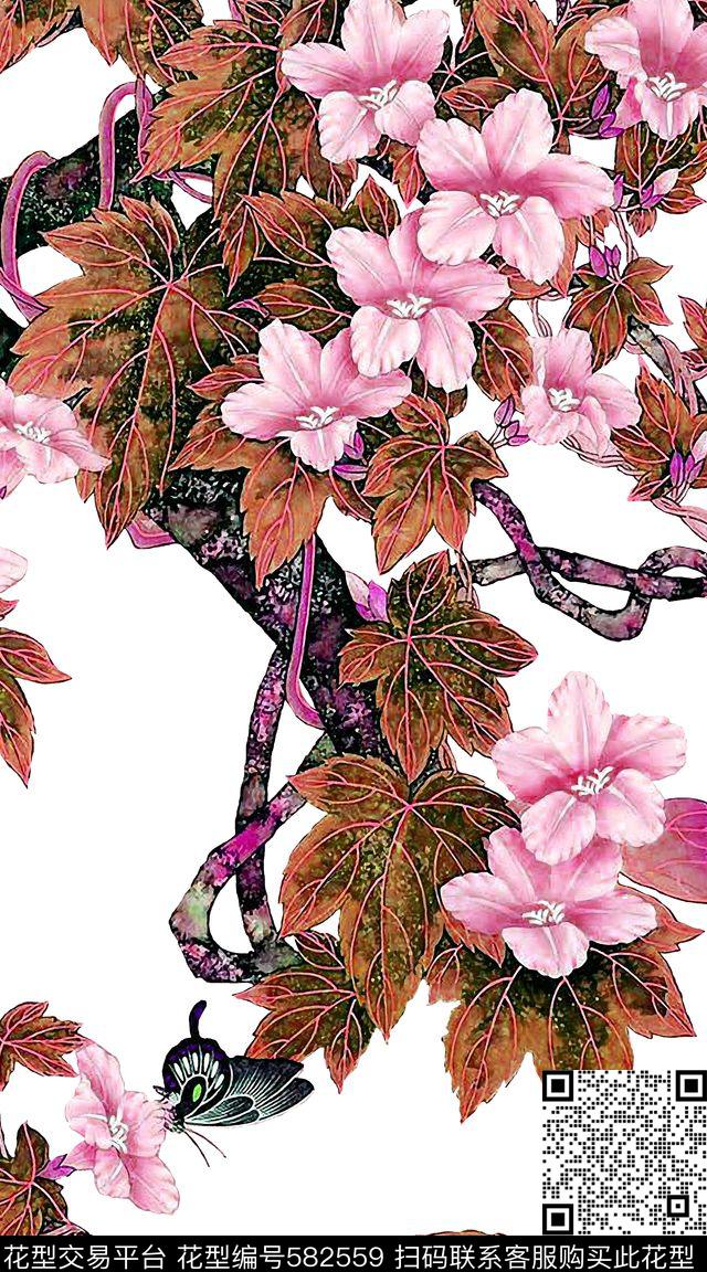 中国风工笔花卉梵尔花卉数码印花华亿平台下载（图片编号: 582559） - 瓦栏（Walan）