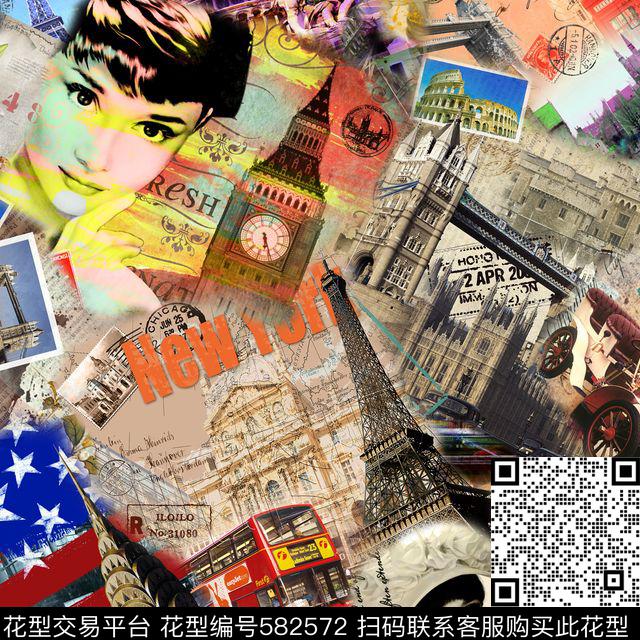 休闲风人物建筑数码印花华亿平台下载（图片编号: 582572） - 瓦栏（Walan）