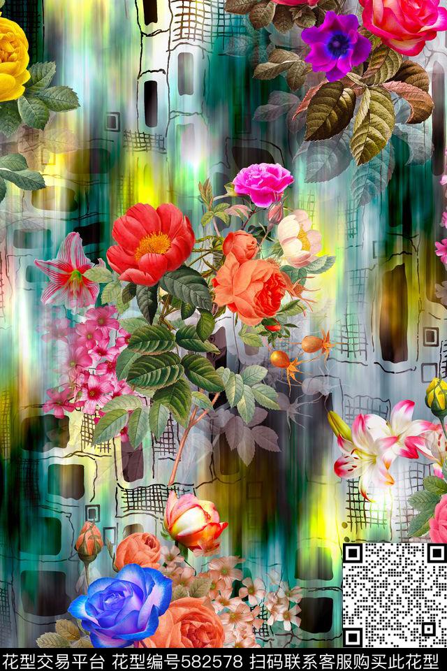 花卉漫画屋散花数码印花华亿平台下载（图片编号: 582578） - 瓦栏（Walan）