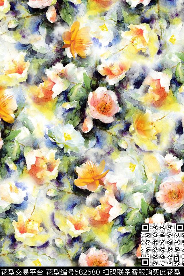 花卉散花女装数码印花华亿平台下载（图片编号: 582580） - 瓦栏（Walan）