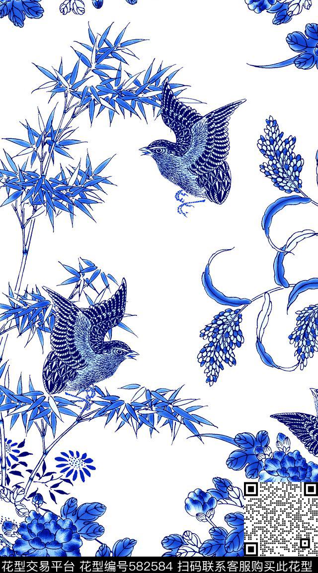 中国风青花花鸟数码印花华亿平台下载（图片编号: 582584） - 瓦栏（Walan）