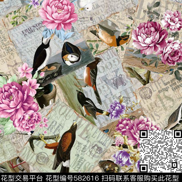 复古鸟类花卉数码印花华亿平台下载（图片编号: 582616） - 瓦栏（Walan）