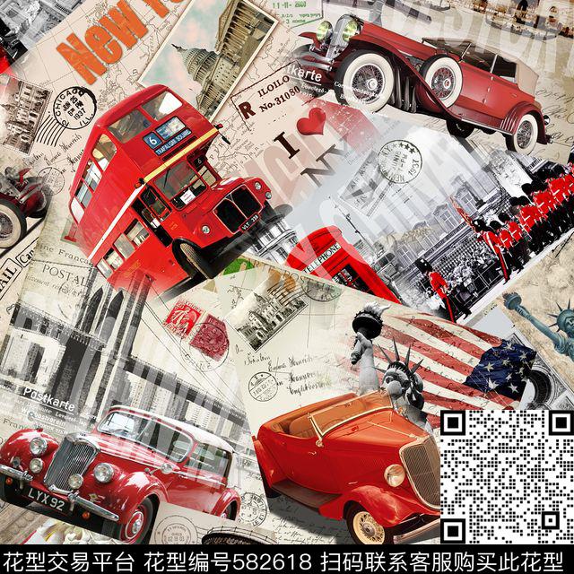 复古汽车风景数码印花华亿平台下载（图片编号: 582618） - 瓦栏（Walan）
