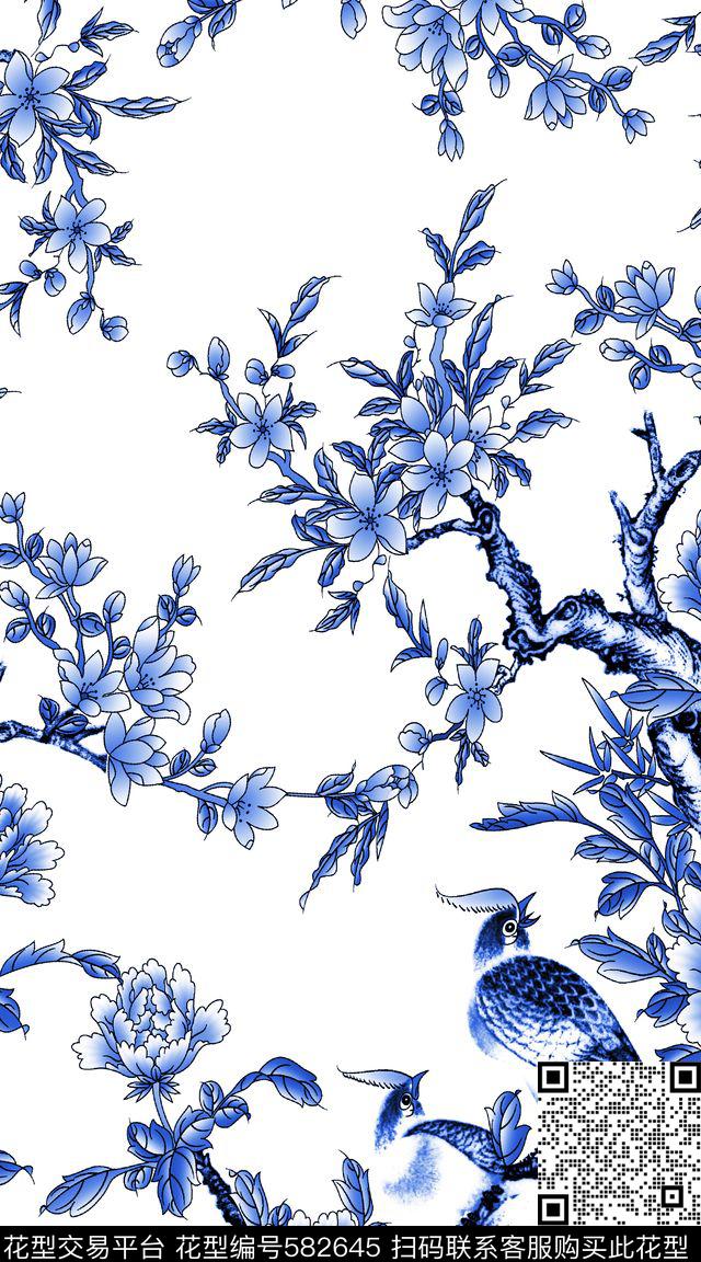 中国风青花花鸟数码印花华亿平台下载（图片编号: 582645） - 瓦栏（Walan）