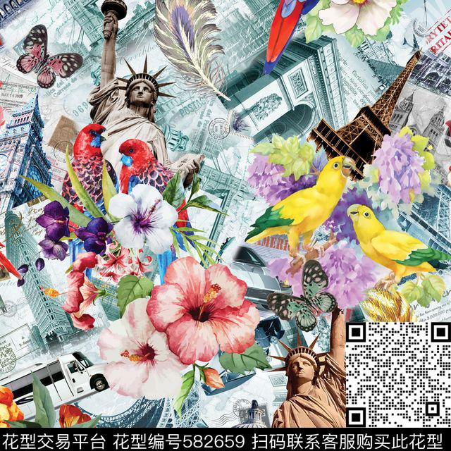 复古建筑花卉数码印花华亿平台下载（图片编号: 582659） - 瓦栏（Walan）