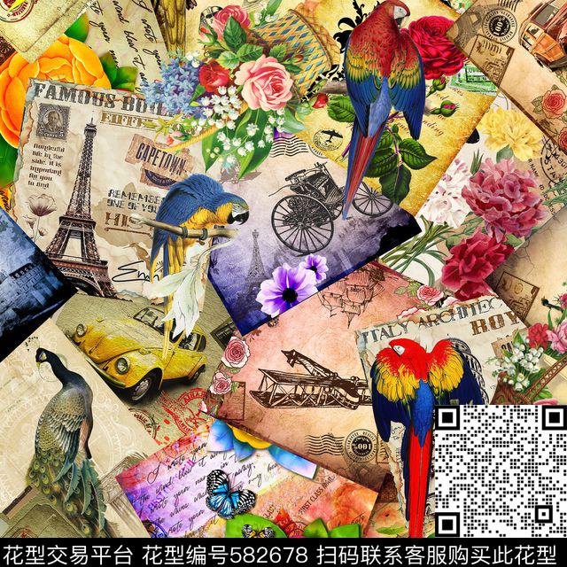 复古鸟类花卉数码印花华亿平台下载（图片编号: 582678） - 瓦栏（Walan）