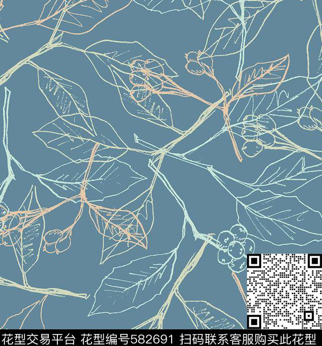 田园树叶蓝色传统印花华亿平台下载（图片编号: 582691） - 瓦栏（Walan）