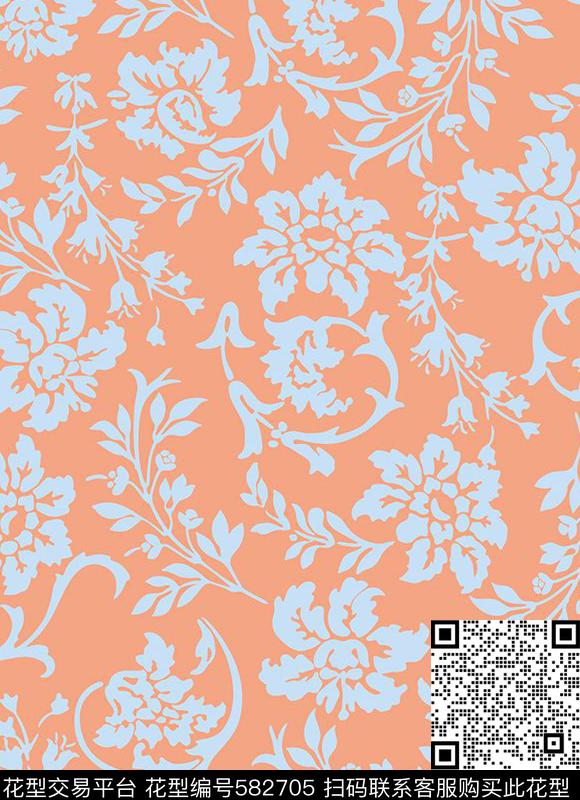 婉约花卉橙色传统印花华亿平台下载（图片编号: 582705） - 瓦栏（Walan）