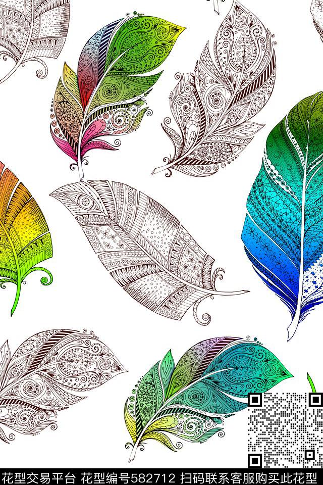 五彩羽毛线条中国风数码印花华亿平台下载（图片编号: 582712） - 瓦栏（Walan）