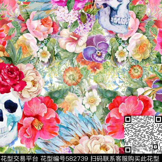 花卉骷髅花卉数码印花华亿平台下载（图片编号: 582739） - 瓦栏（Walan）