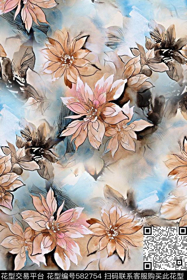水彩手绘花卉数码印花华亿平台下载（图片编号: 582754） - 瓦栏（Walan）