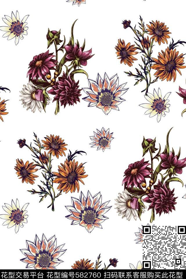 花卉手绘线条数码印花华亿平台下载（图片编号: 582760） - 瓦栏（Walan）