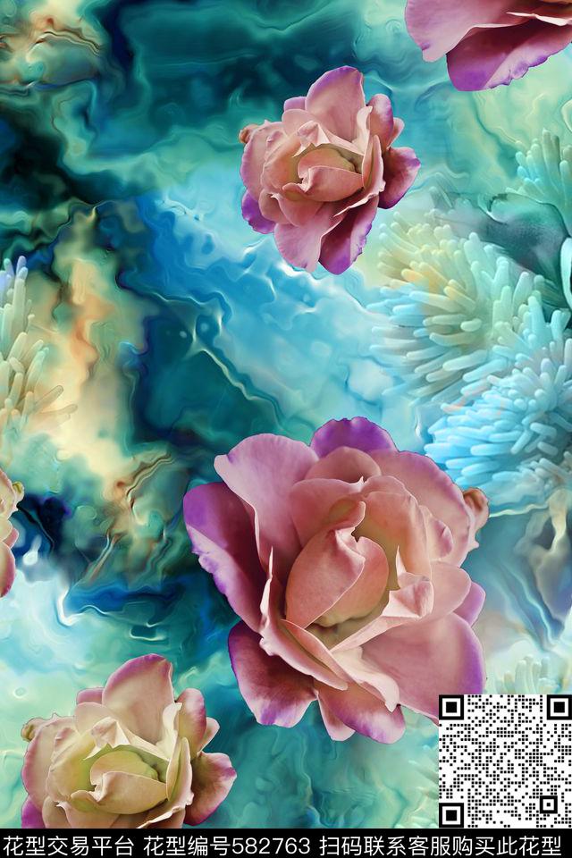 花卉海洋生物朦胧数码印花华亿平台下载（图片编号: 582763） - 瓦栏（Walan）