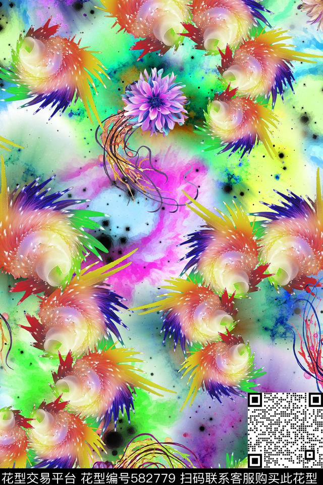 抽象旋涡花卉数码印花华亿平台下载（图片编号: 582779） - 瓦栏（Walan）