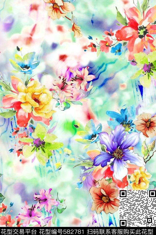 水彩花卉清新数码印花华亿平台下载（图片编号: 582781） - 瓦栏（Walan）