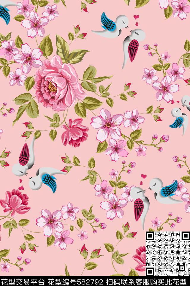 花卉鸟儿红心数码印花华亿平台下载（图片编号: 582792） - 瓦栏（Walan）