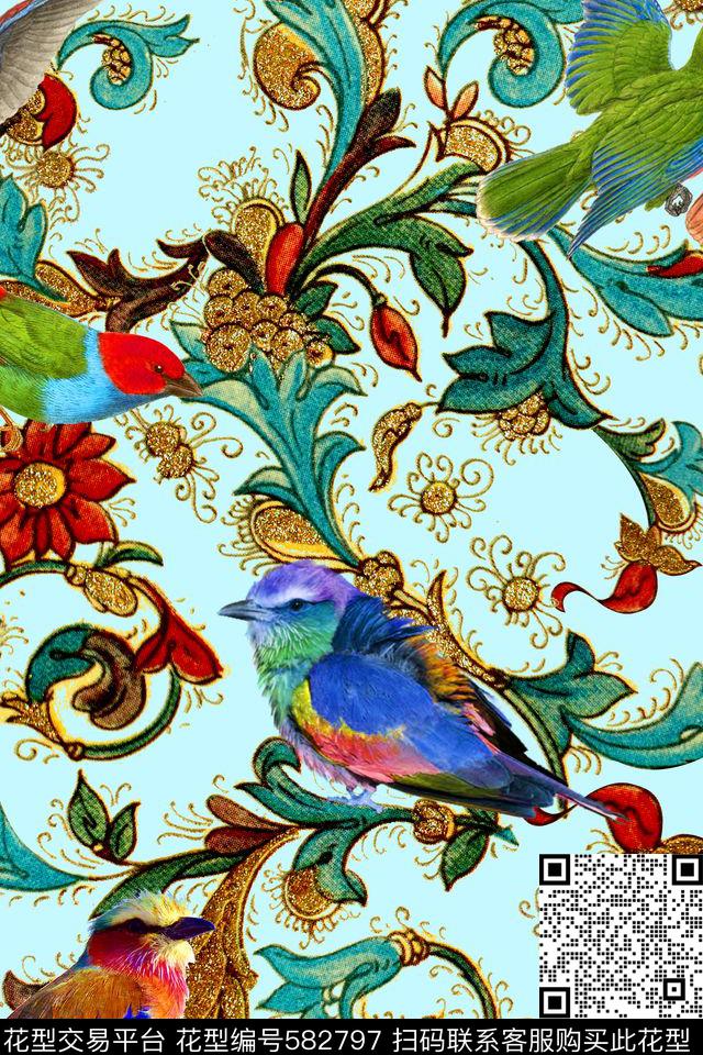 小鸟欧式卷草图案浅底数码印花华亿平台下载（图片编号: 582797） - 瓦栏（Walan）