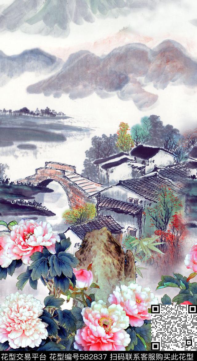 中国风牡丹花风景数码印花华亿平台下载（图片编号: 582837） - 瓦栏（Walan）